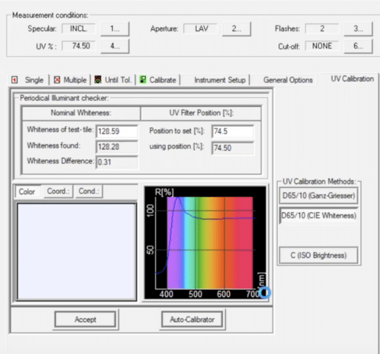 在Datacolor工具中测量荧光白色的设置